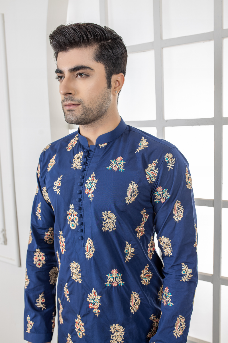 Navy Blue Embroidered Silk-Blend Kurta Pajama (2-Piece) - Image 2