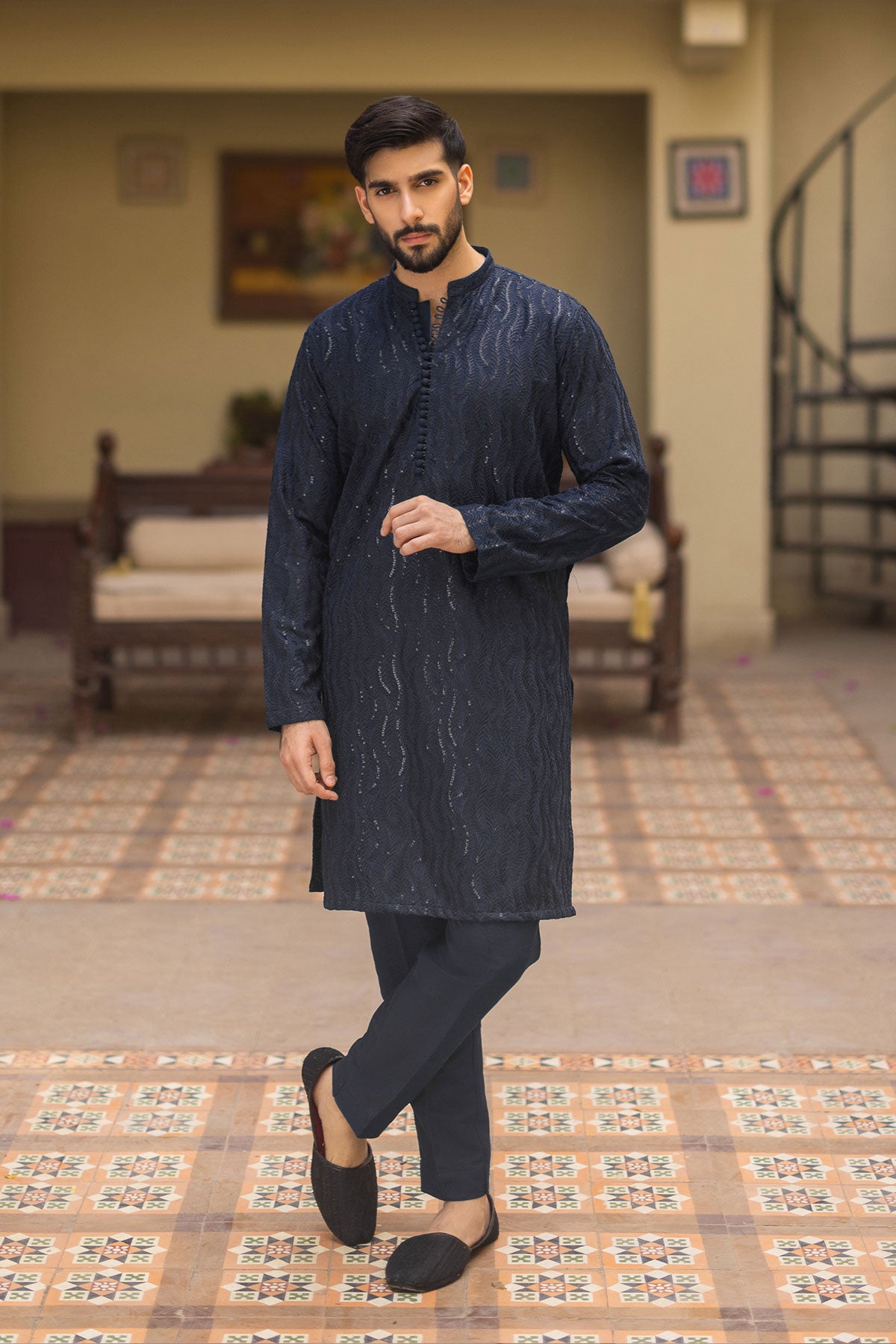 Navy Blue Embroidered Silk-Blend Kurta Pajama (2-Piece) - Image 1