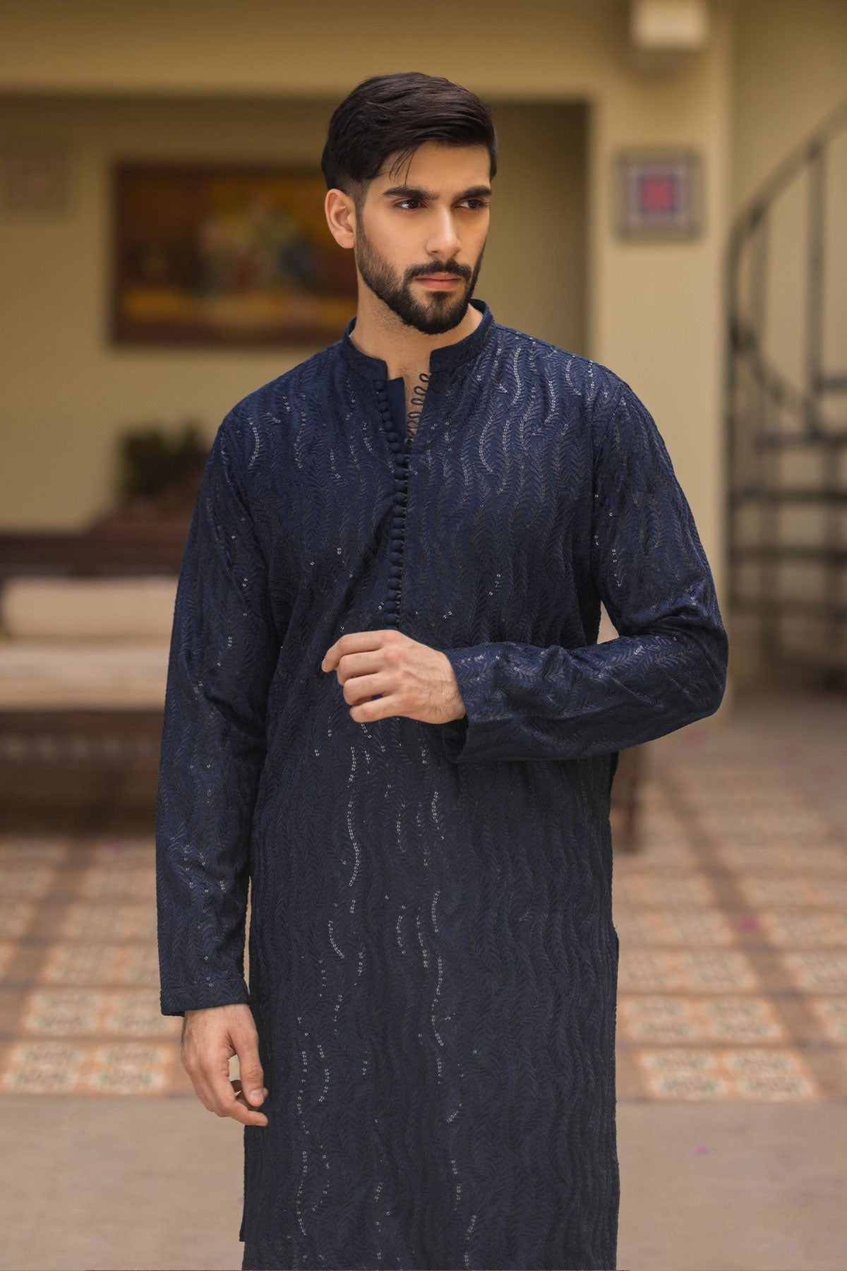 Navy Blue Embroidered Silk-Blend Kurta Pajama (2-Piece) - Image 2