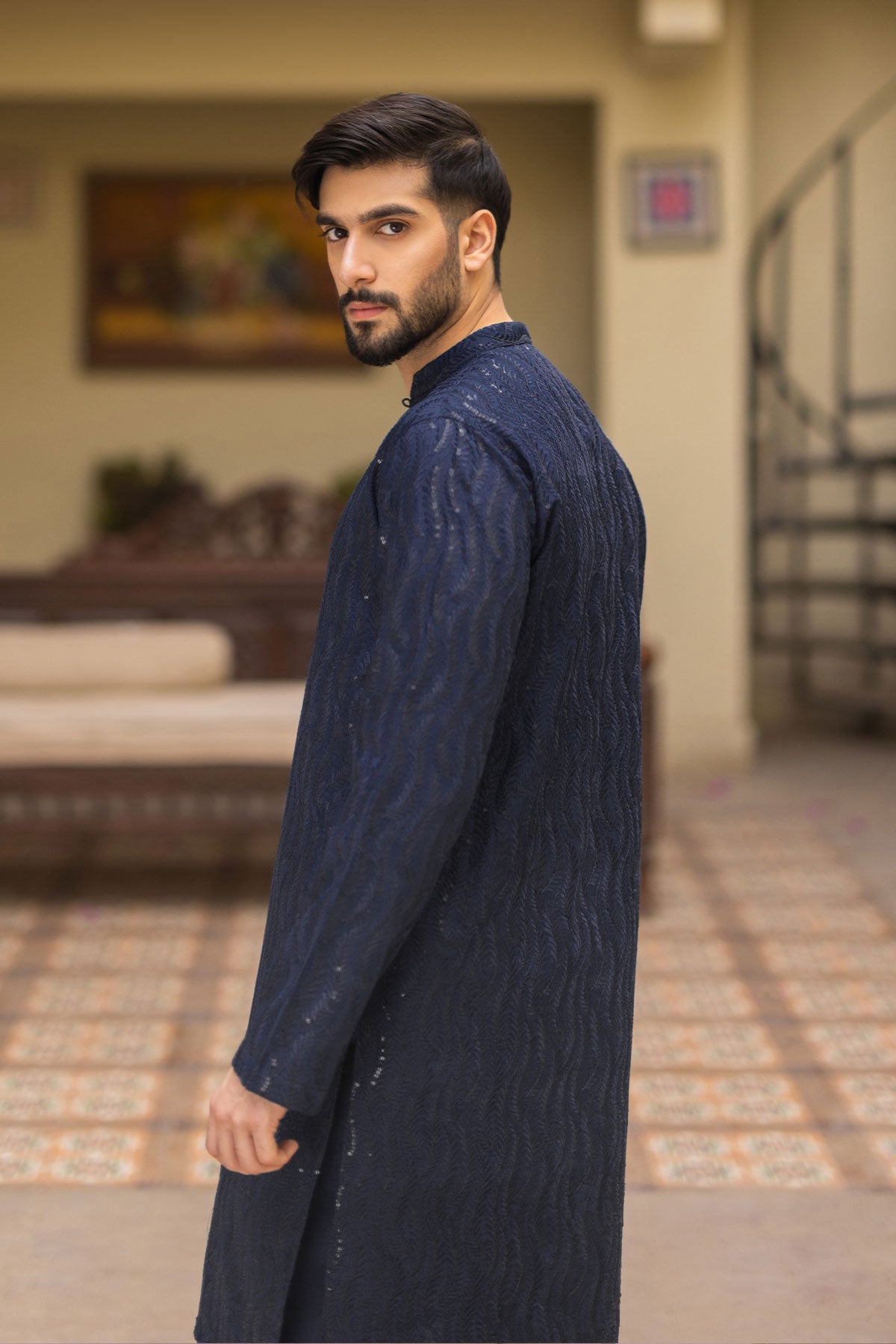 Navy Blue Embroidered Silk-Blend Kurta Pajama (2-Piece) - Image 3