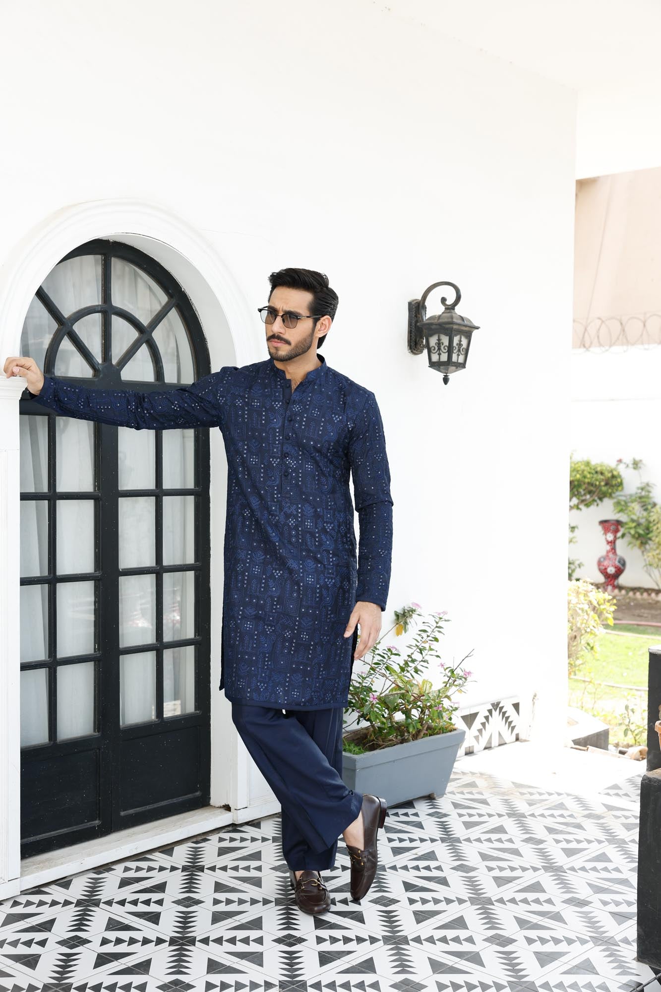 Navy Blue Embossed Kurta with Silk Pajama (2-Piece) - Image 2