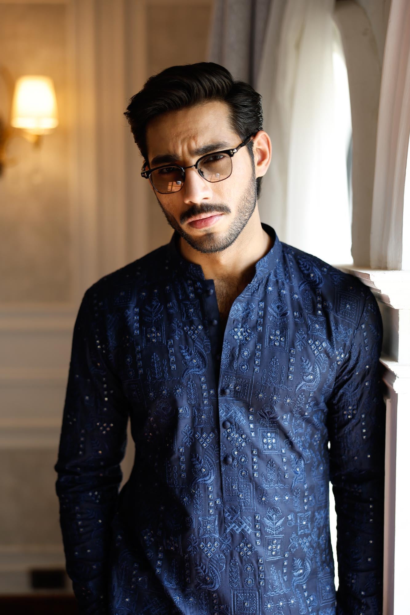 Navy Blue Embossed Kurta with Silk Pajama (2-Piece) - Image 3