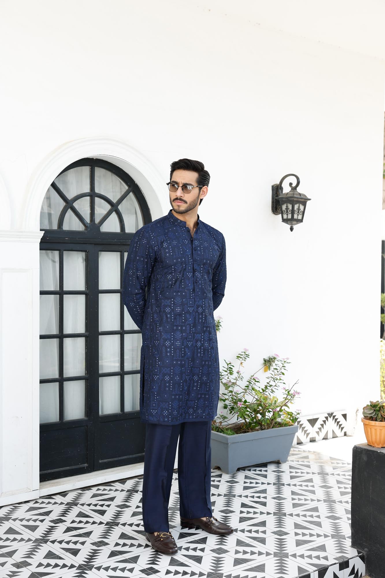 Navy Blue Embossed Kurta with Silk Pajama (2-Piece) - Image 5