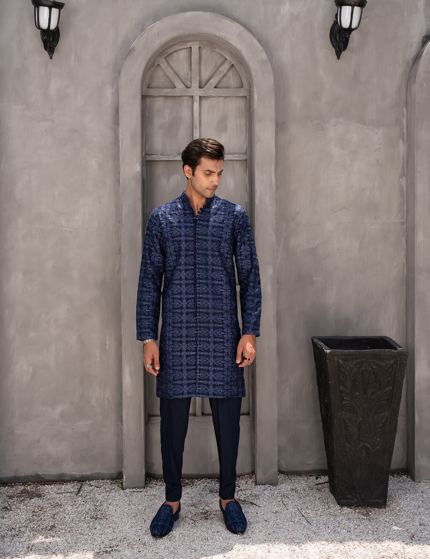 Navy Blue Embroidered Wash & Wear Kurta Pajama (2-Piece) - Image 1