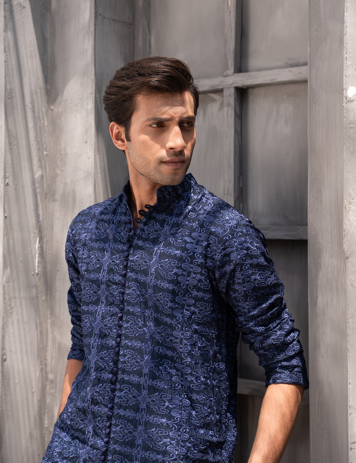 Navy Blue Embroidered Wash & Wear Kurta Pajama (2-Piece) - Image 3