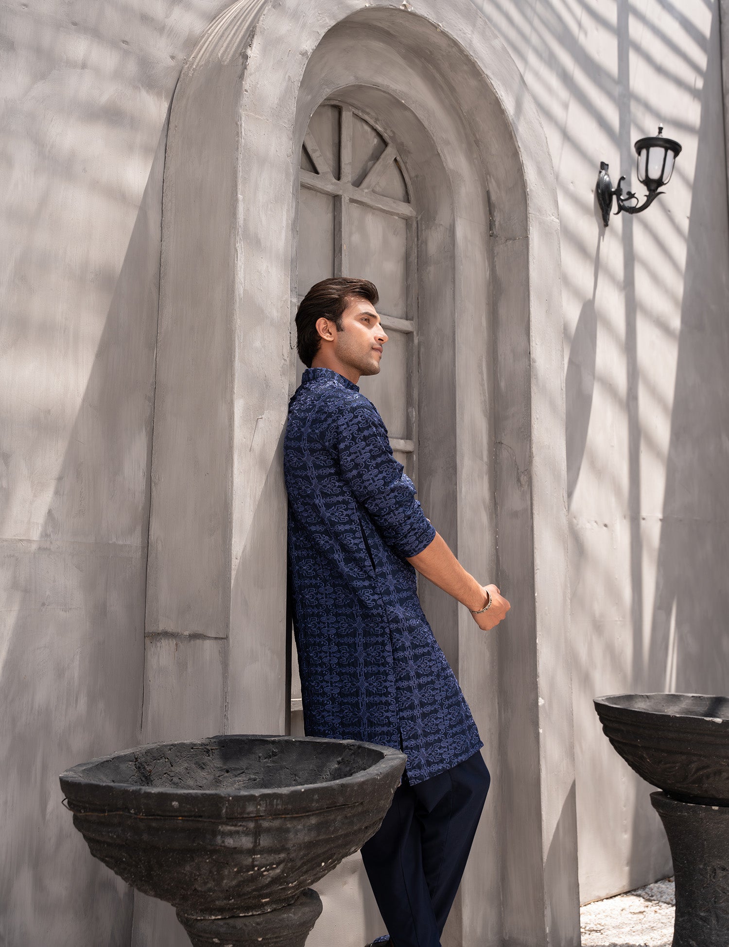 Navy Blue Embroidered Wash & Wear Kurta Pajama (2-Piece) - Image 4