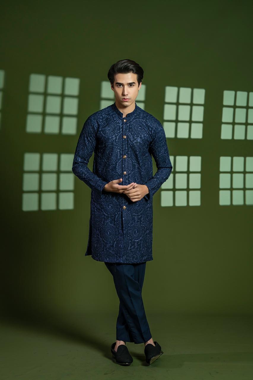 Navy Blue Embroidered Wash & Wear Kurta Set (2-Piece) - Image 1