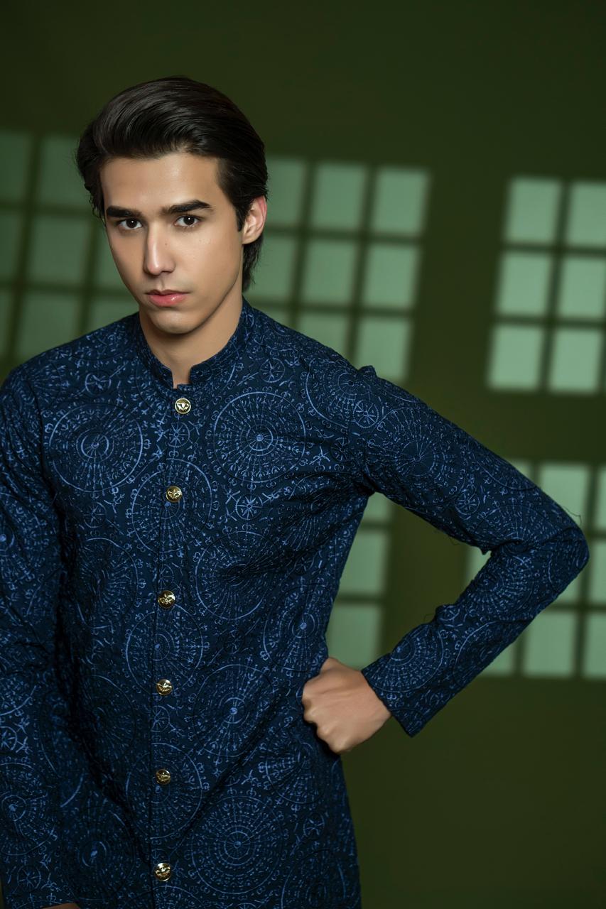 Navy Blue Embroidered Wash & Wear Kurta Set (2-Piece) - Image 5