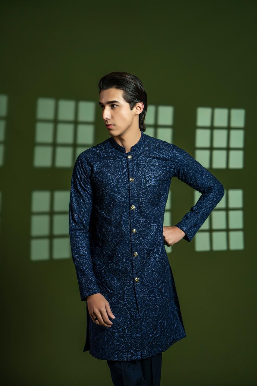 Navy Blue Embroidered Wash & Wear Kurta Set (2-Piece) - Image 6
