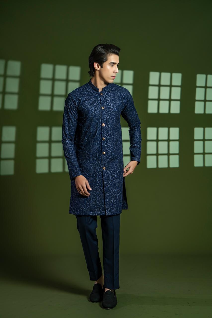 Navy Blue Embroidered Wash & Wear Kurta Set (2-Piece) - Image 7