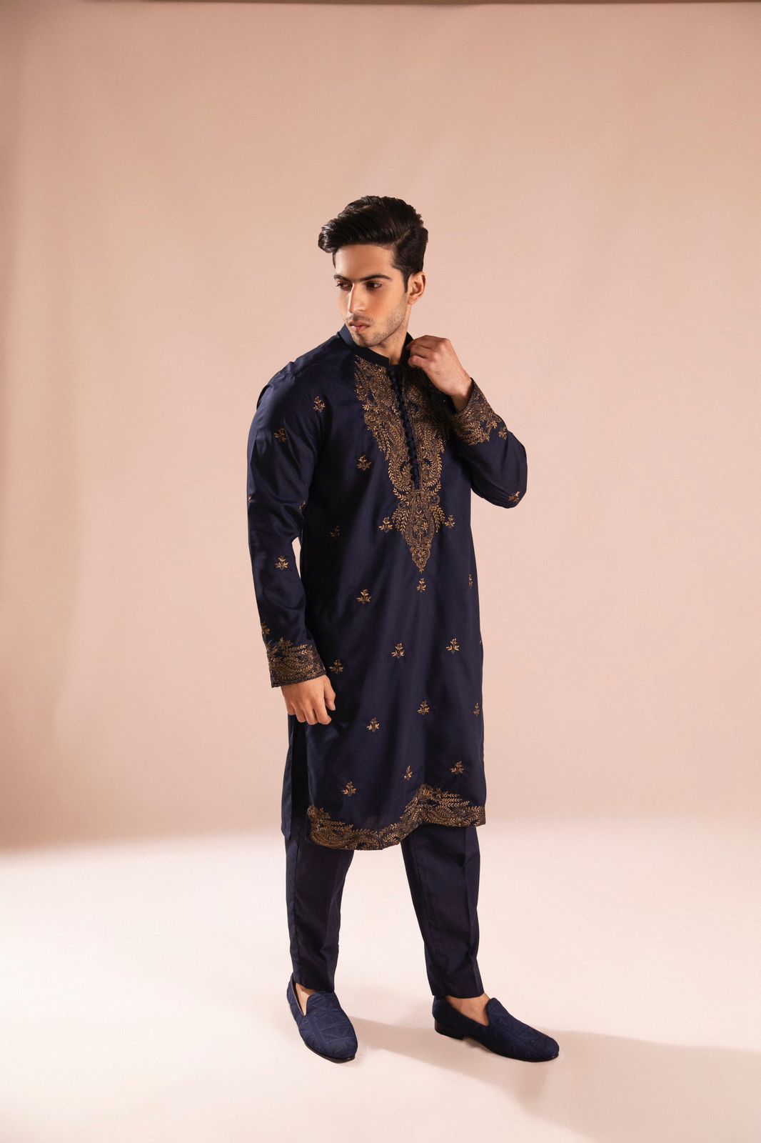 Navy Copper Tilla Embroidered Wash & Wear Kurta Pajama (2-Piece) - Image 4