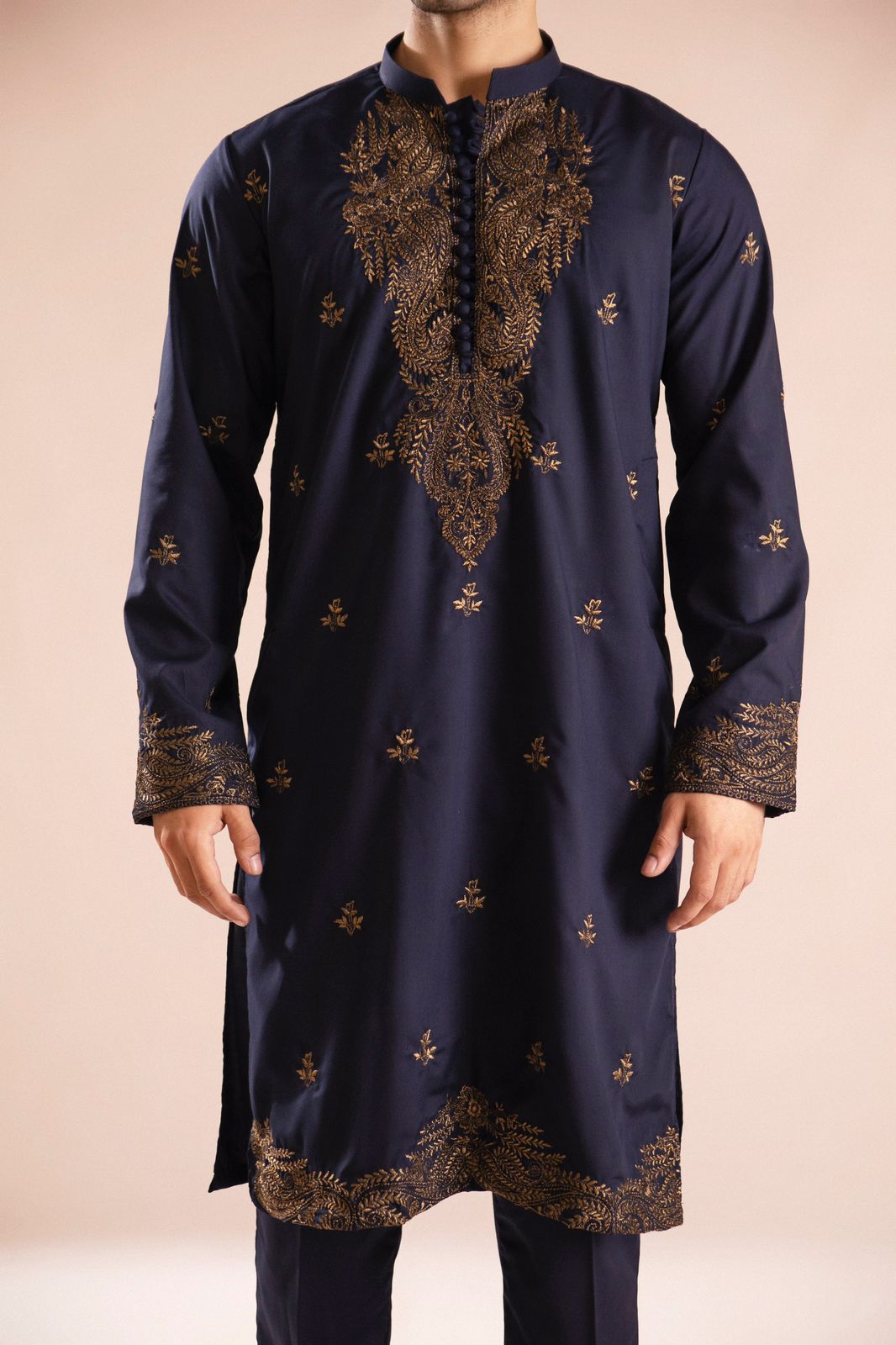 Navy Copper Tilla Embroidered Wash & Wear Kurta Pajama (2-Piece) - Image 6