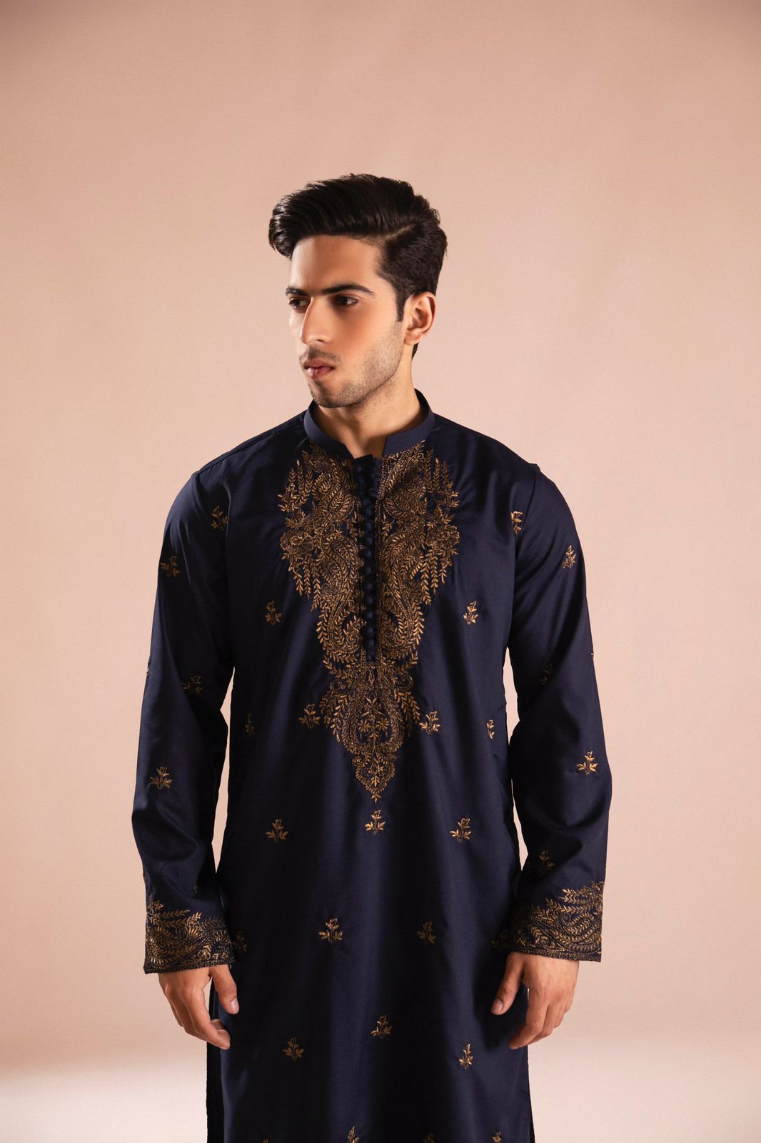 Navy Copper Tilla Embroidered Wash & Wear Kurta Pajama (2-Piece) - Image 7