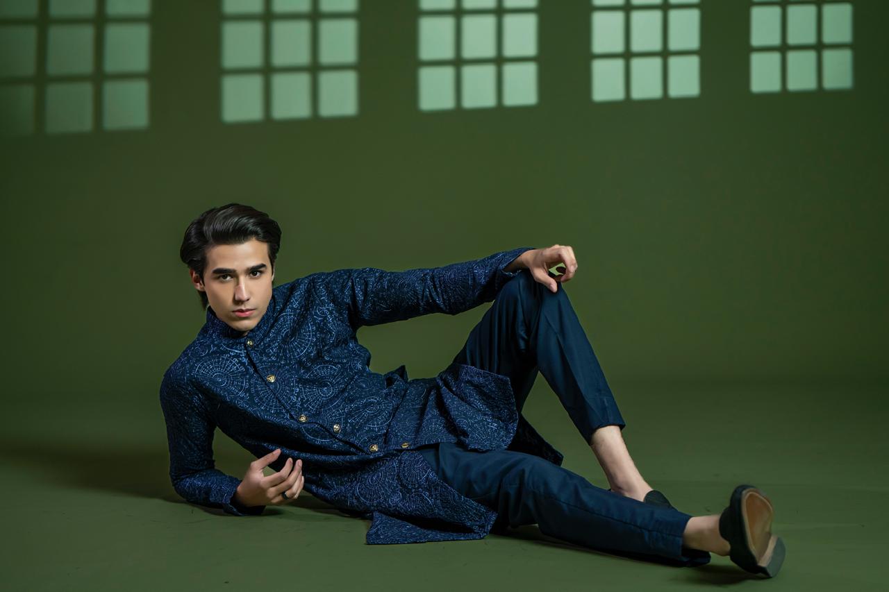 Navy Blue Embroidered Wash & Wear Kurta (2-Piece) - Image 4