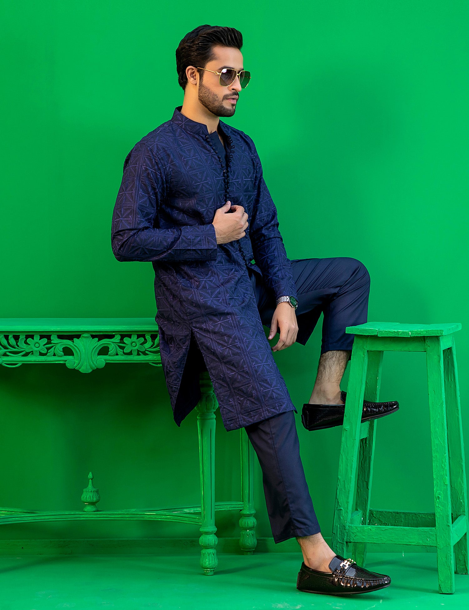 Navy Blue Geometric Embroidered Washing Wear Kurta (2-Piece) - Image 2