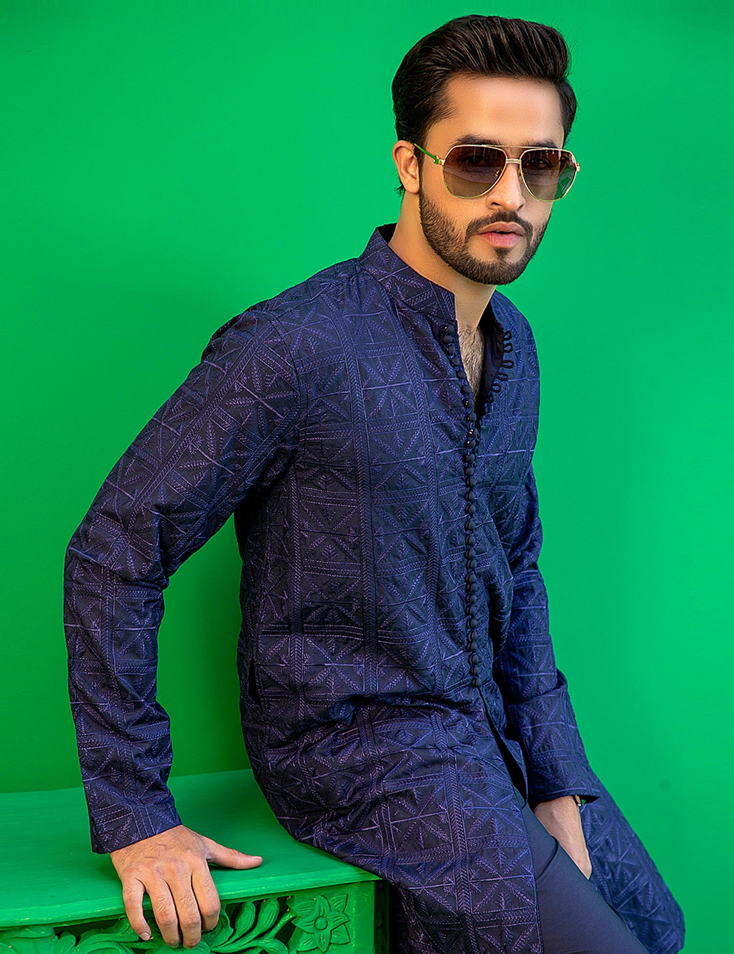 Navy Blue Geometric Embroidered Washing Wear Kurta (2-Piece) - Image 4