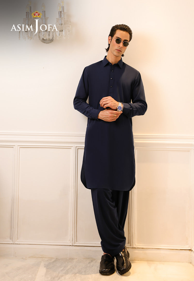 Navy Blue Blended Fabric Kurta Shalwar (2-Piece) - Image 2