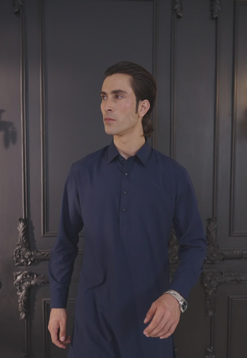 Navy Blue Blended Fabric Kurta Shalwar (2-Piece) - Image 4