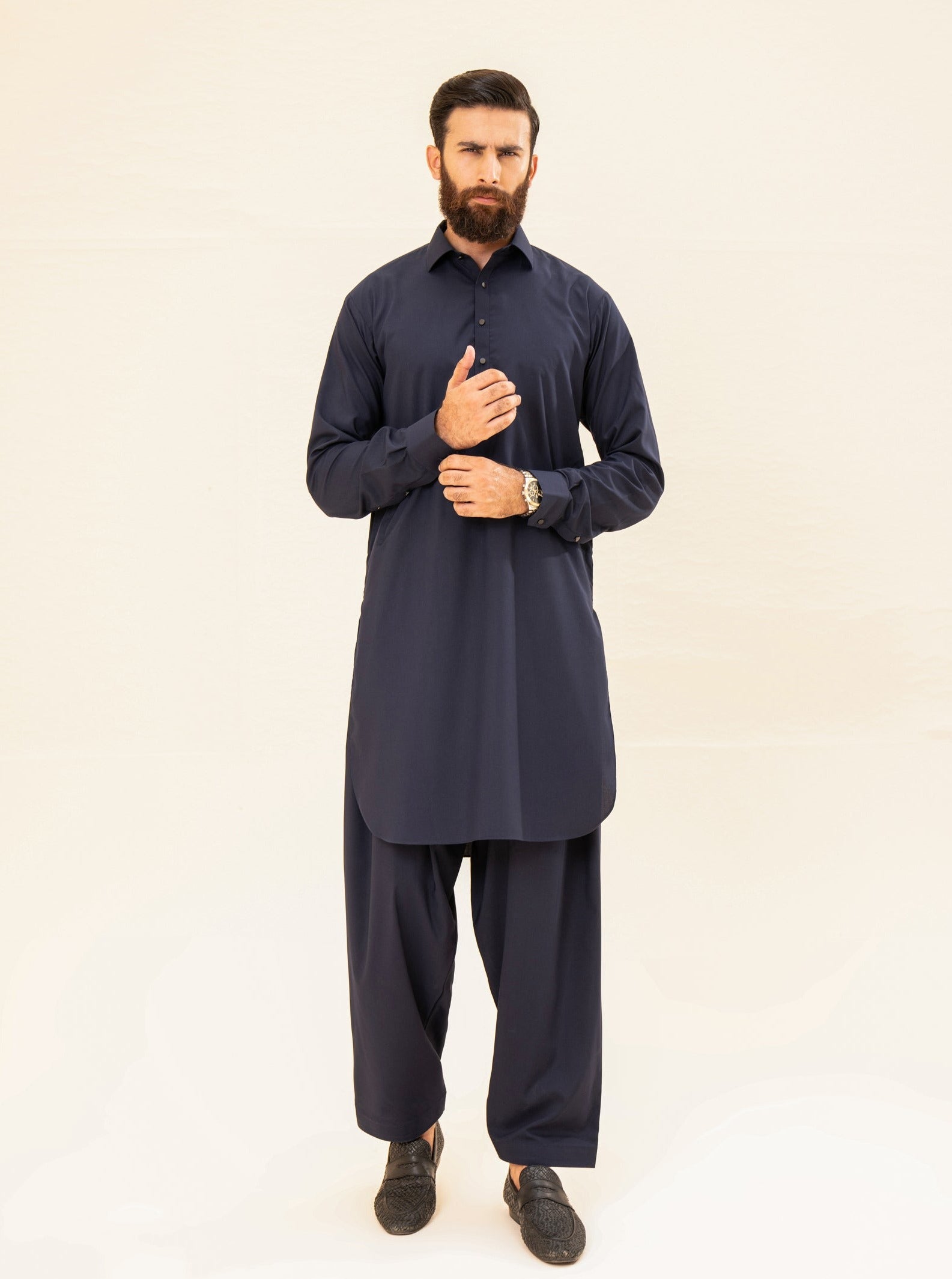 Navy Blue Blended Fabric Kameez Shalwar (2-Piece) - Image 2