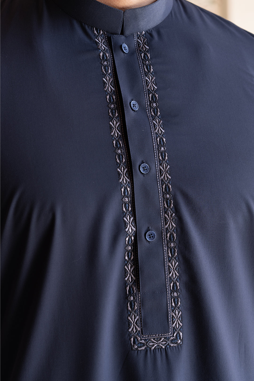 Navy Embroidered Blended Fabric Shalwar Kameez (2-Piece) - Image 2