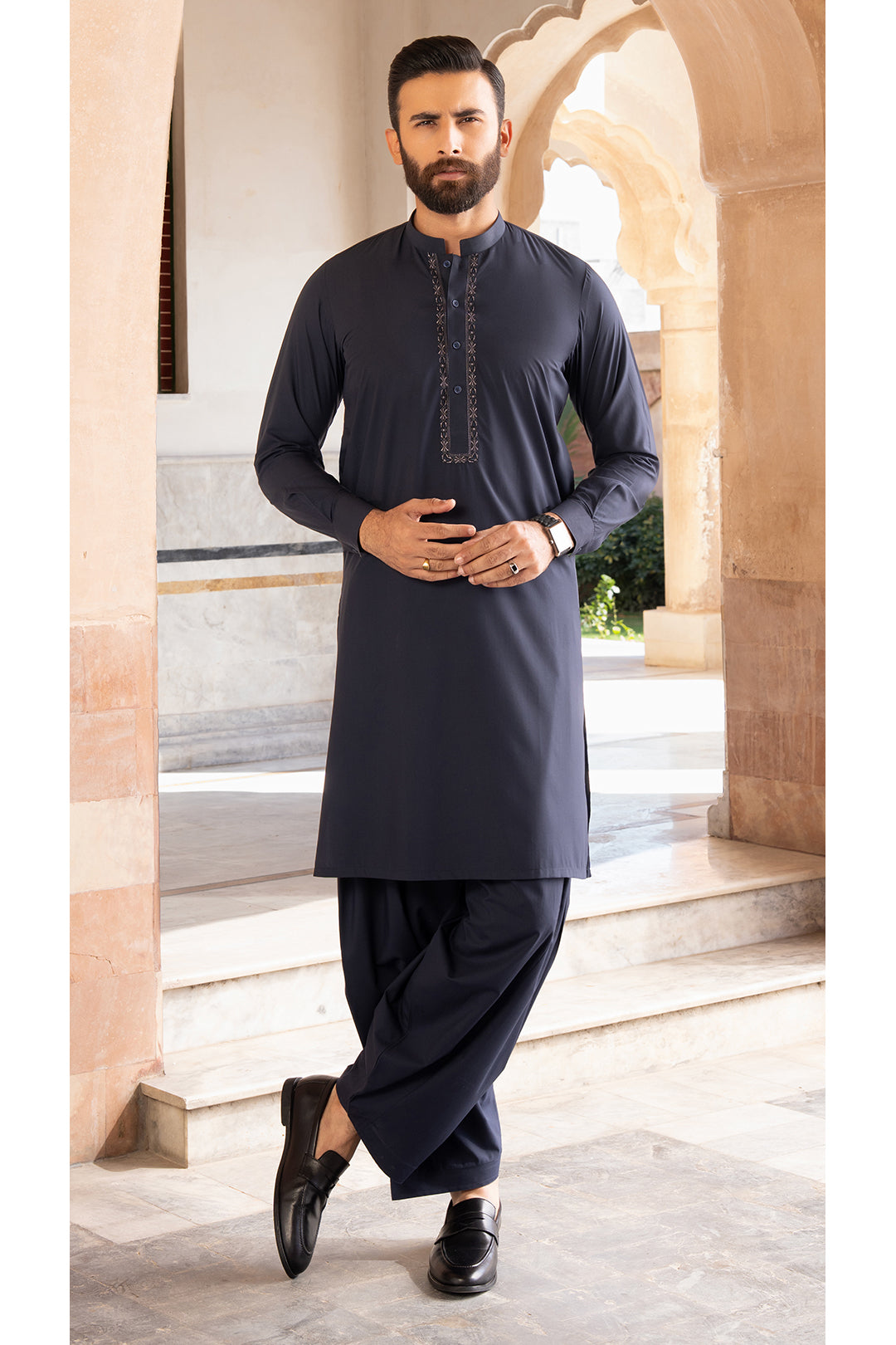 Navy Embroidered Blended Fabric Shalwar Kameez (2-Piece) - Image 3
