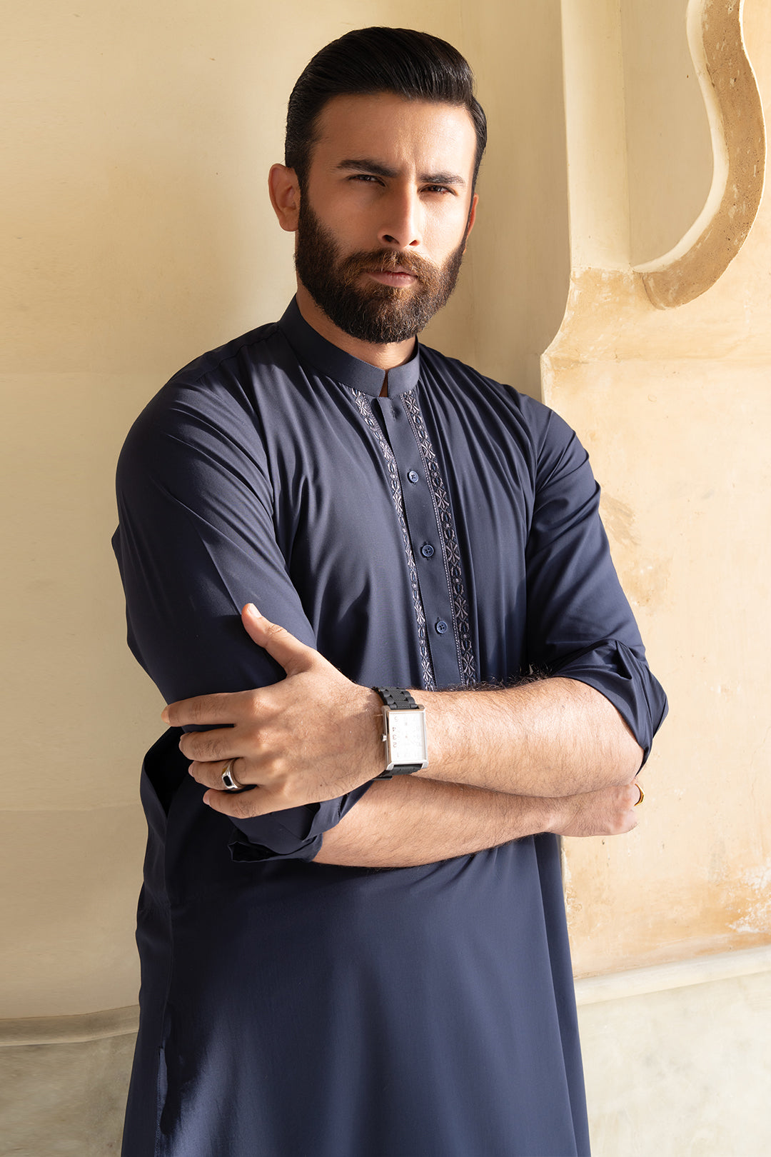 Navy Embroidered Blended Fabric Shalwar Kameez (2-Piece) - Image 4