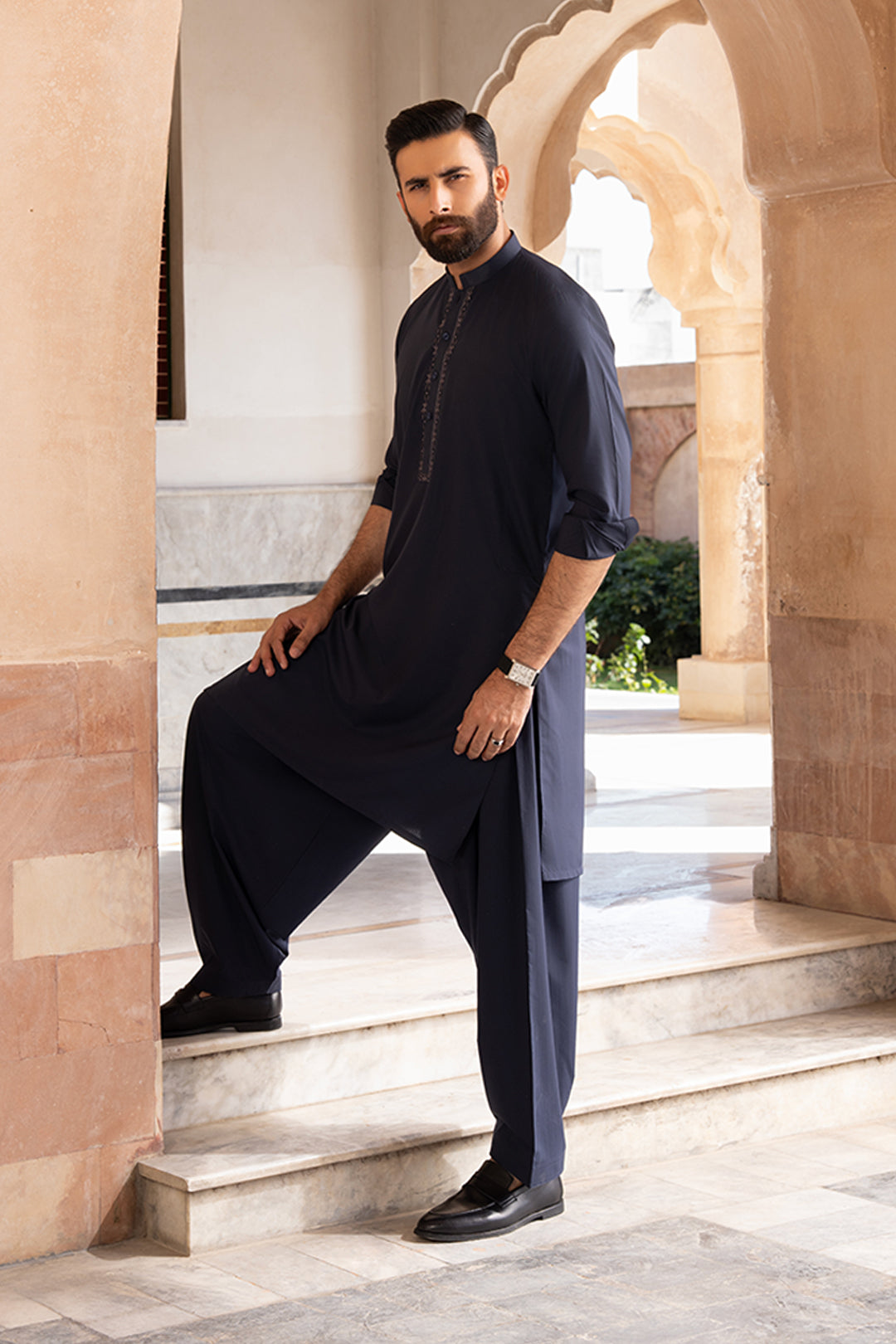 Navy Embroidered Blended Fabric Shalwar Kameez (2-Piece) - Image 6