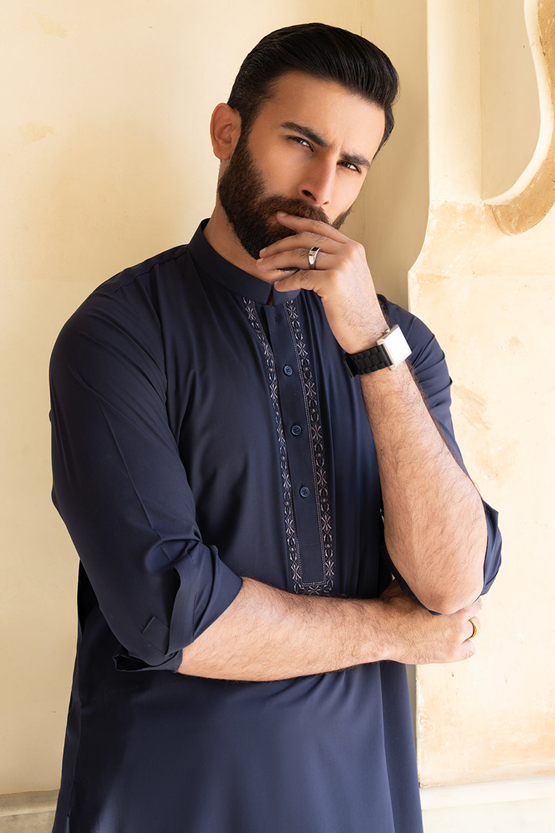 Navy Embroidered Blended Fabric Shalwar Kameez (2-Piece) - Image 7