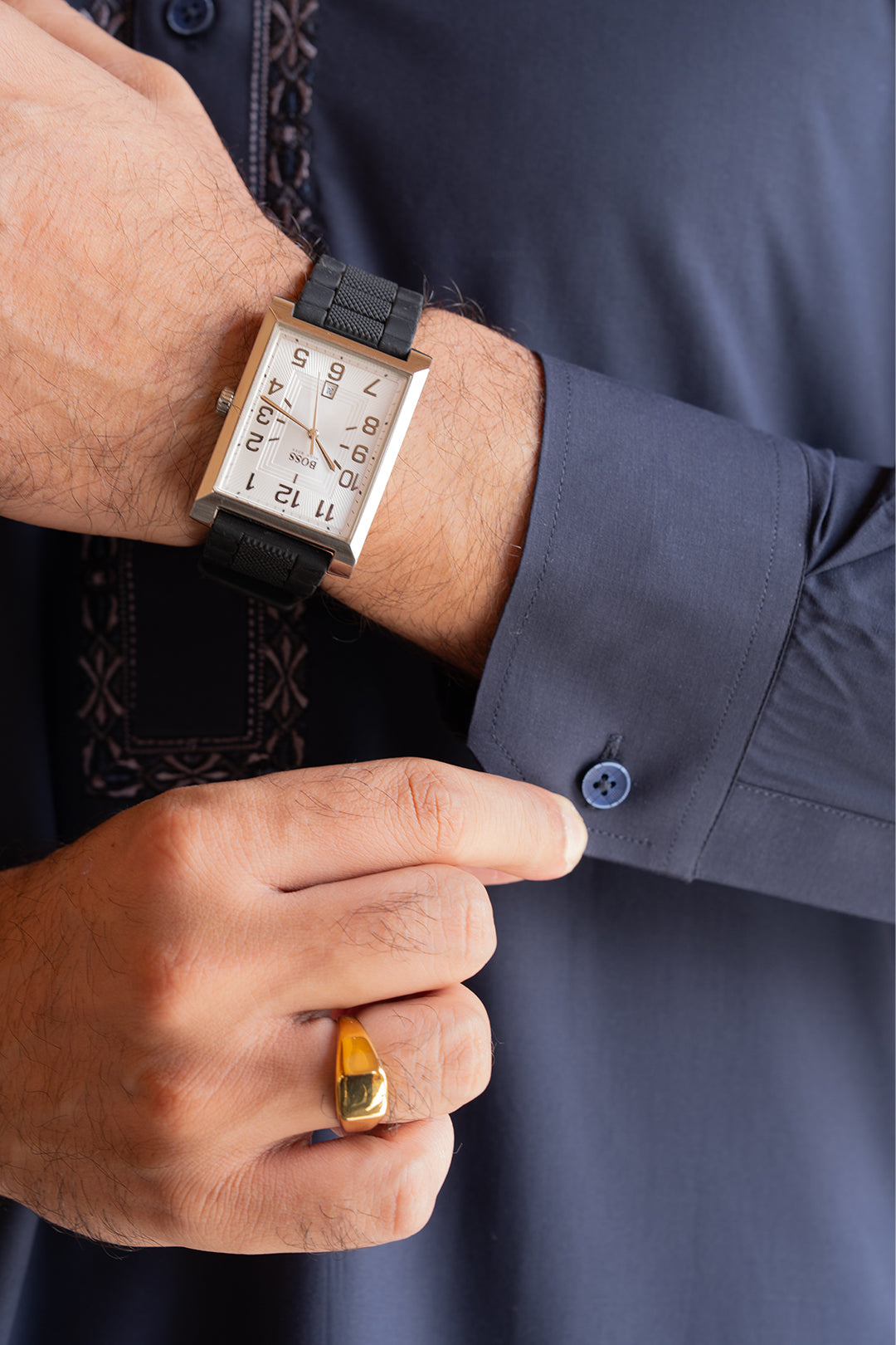 Navy Embroidered Blended Fabric Shalwar Kameez (2-Piece) - Image 8