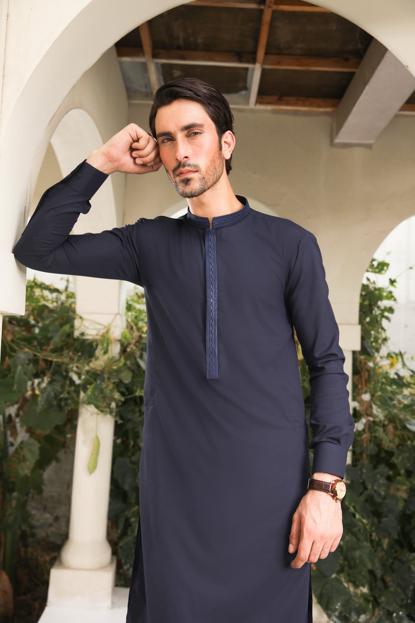 Navy Blue Embroidered Blended Kameez Shalwar (2-Piece) - Image 1