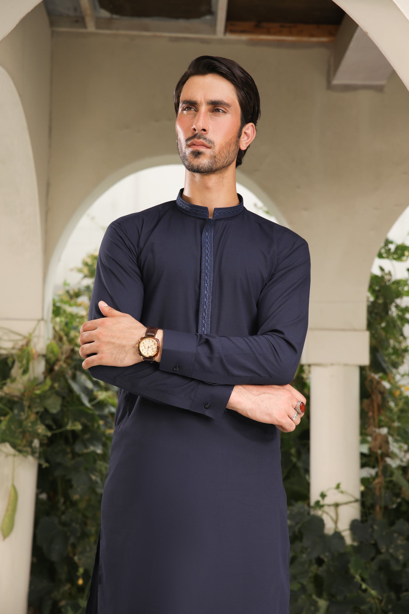 Navy Blue Embroidered Blended Kameez Shalwar (2-Piece) - Image 2