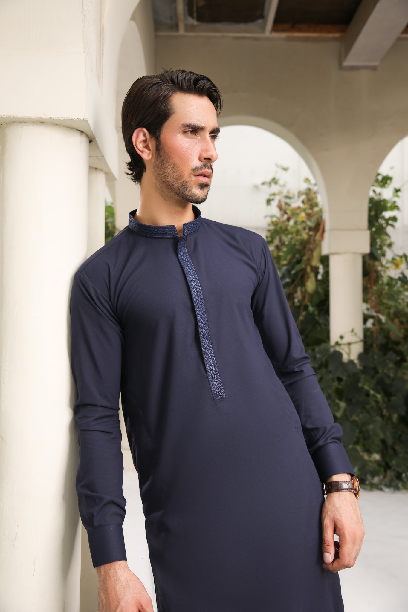 Navy Blue Embroidered Blended Kameez Shalwar (2-Piece) - Image 4