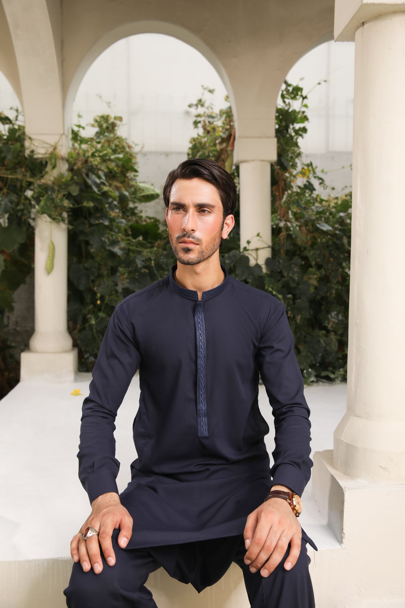 Navy Blue Embroidered Blended Kameez Shalwar (2-Piece) - Image 6