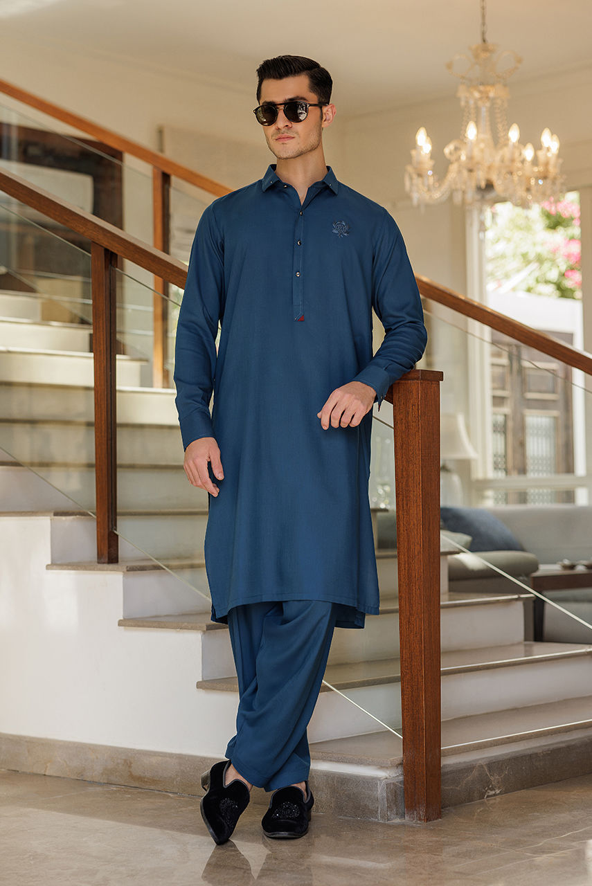 Navy Blue Thread Work Boski Linen Kurta Shalwar (2-Piece) - Image 1