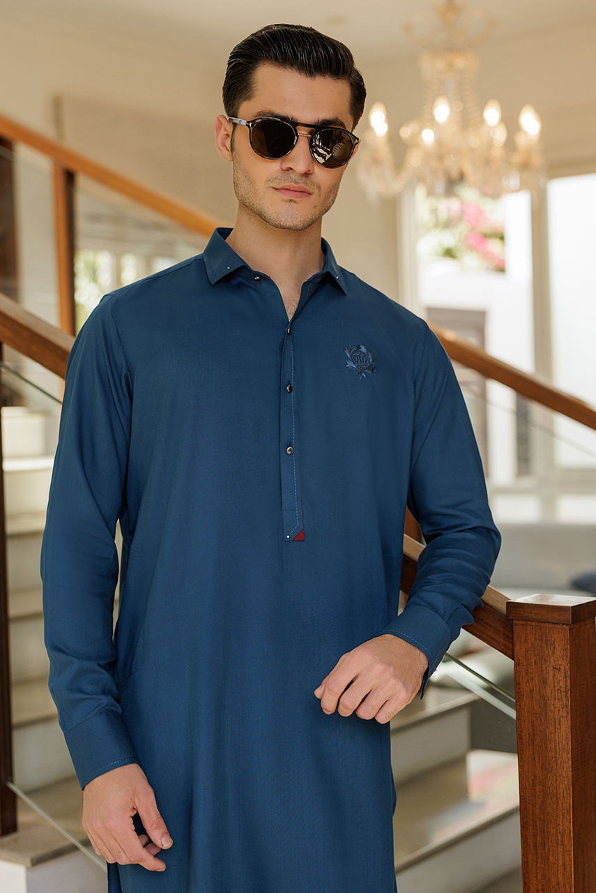 Navy Blue Thread Work Boski Linen Kurta Shalwar (2-Piece) - Image 3
