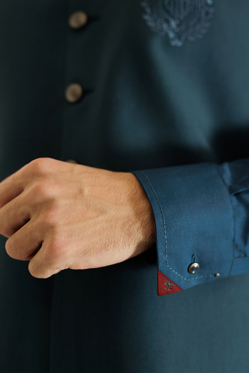 Navy Blue Thread Work Boski Linen Kurta Shalwar (2-Piece) - Image 5