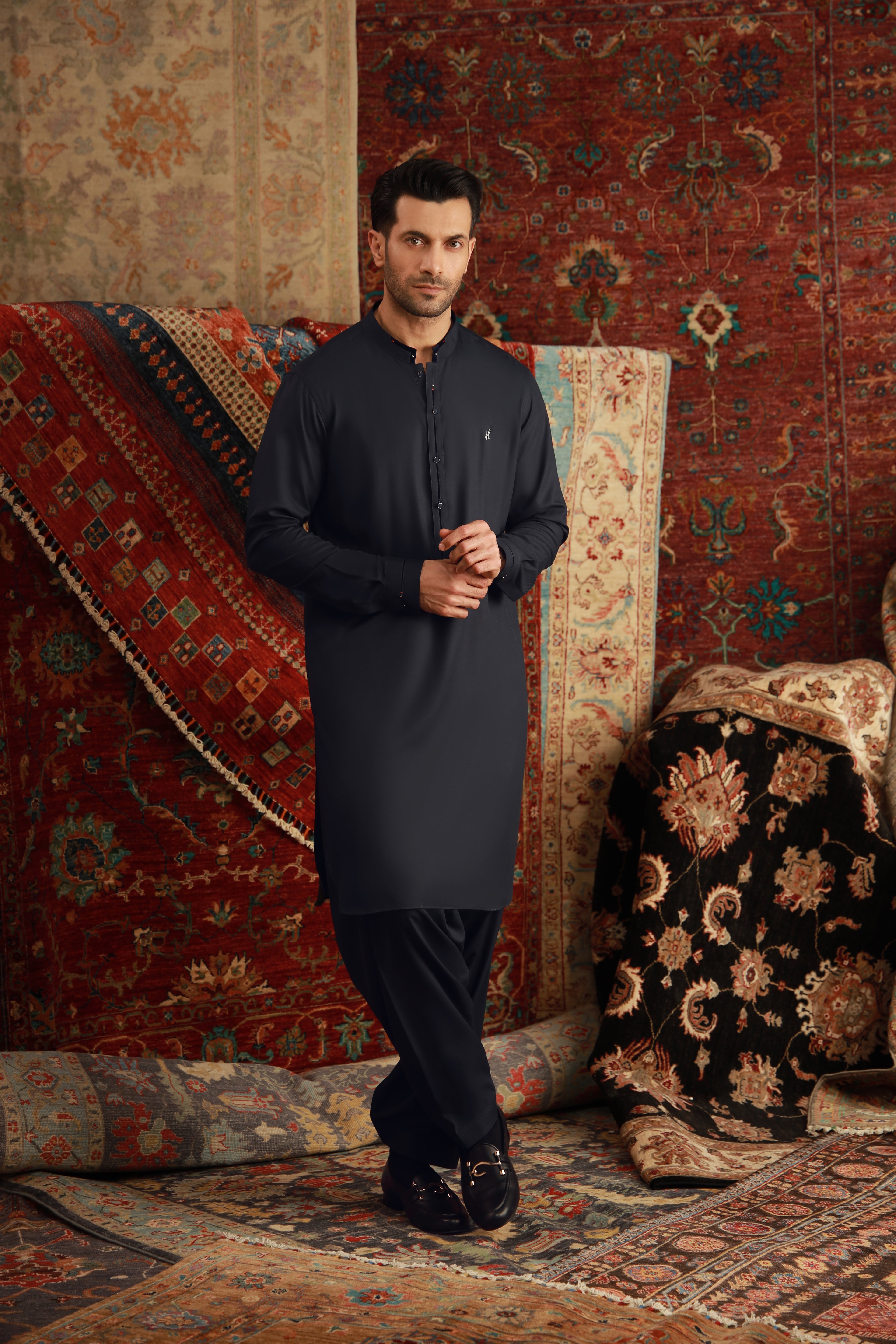 Navy Blue Bosky Sherwani Collar Shalwar Kameez (2-Piece) - Image 2