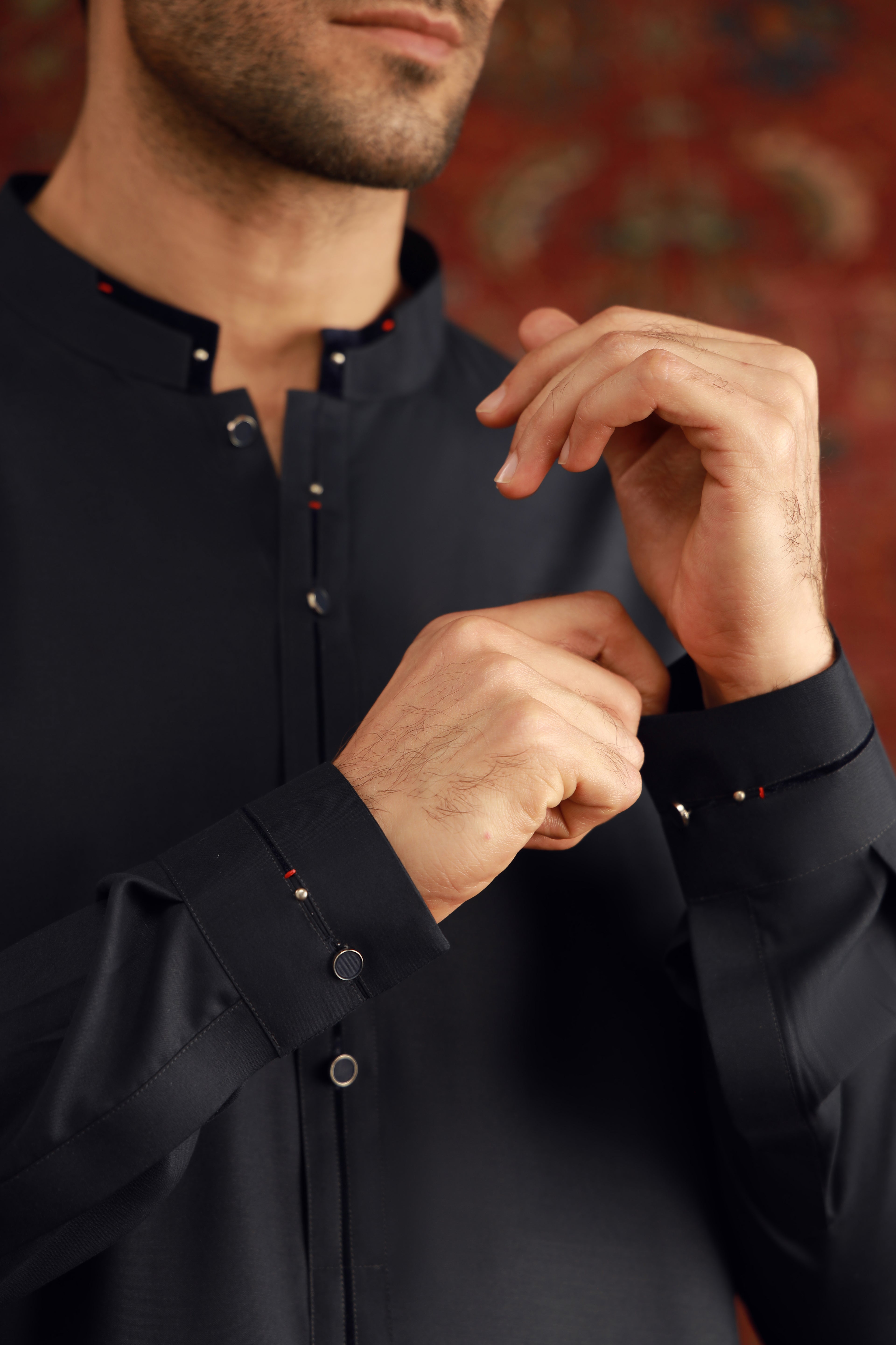 Navy Blue Bosky Sherwani Collar Shalwar Kameez (2-Piece) - Image 3