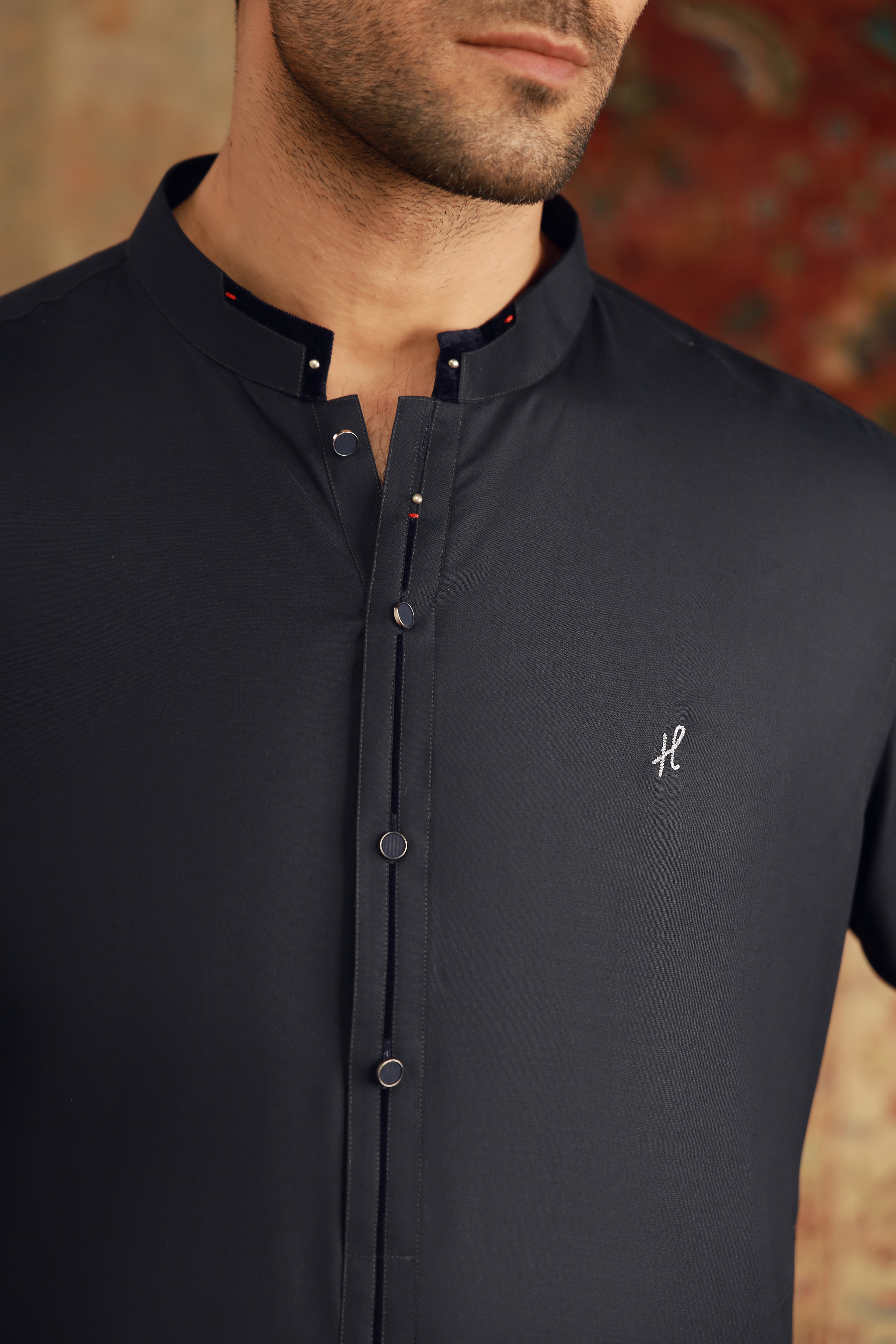 Navy Blue Bosky Sherwani Collar Shalwar Kameez (2-Piece) - Image 4