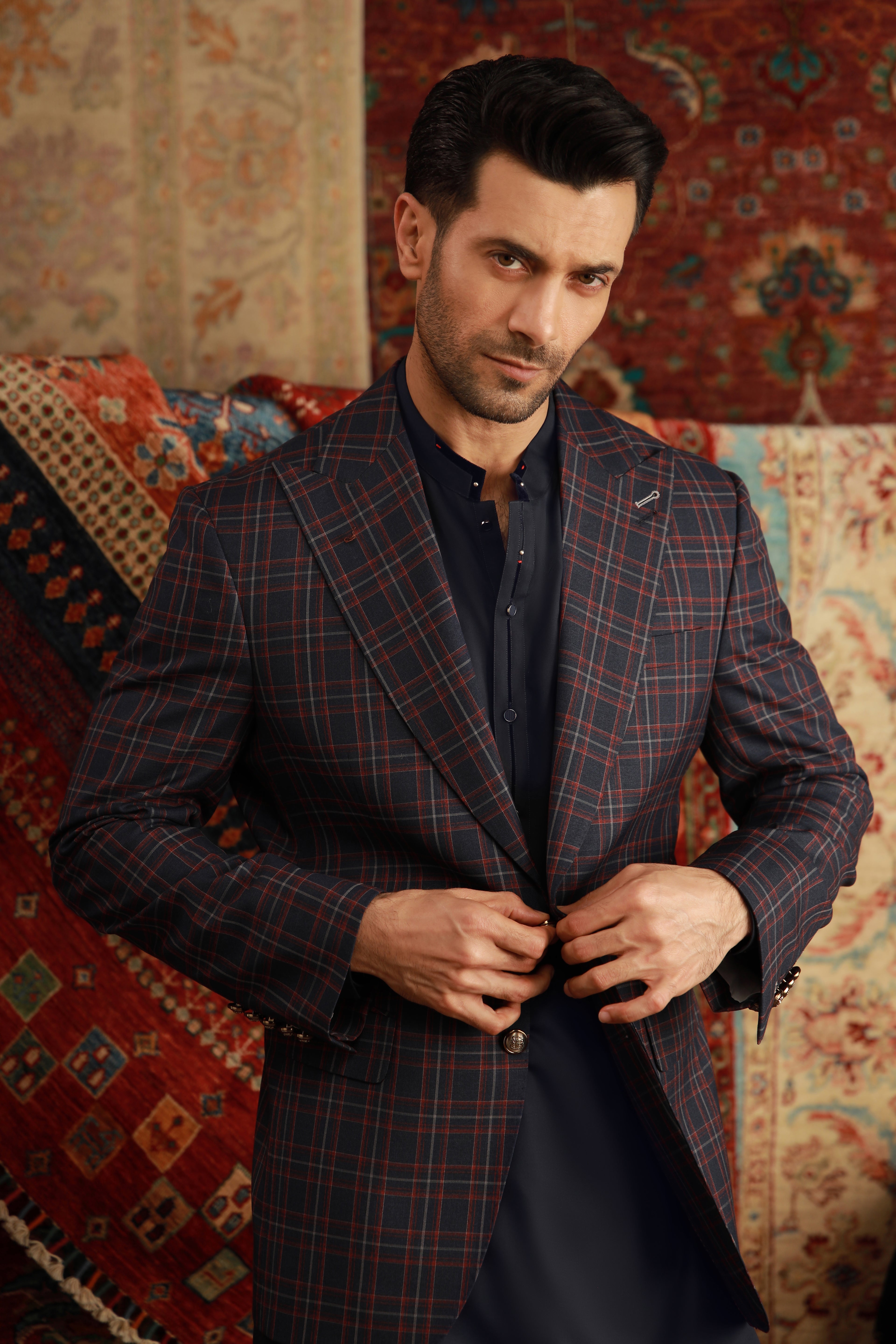 Navy Blue Bosky Sherwani Collar Shalwar Kameez (2-Piece) - Image 5