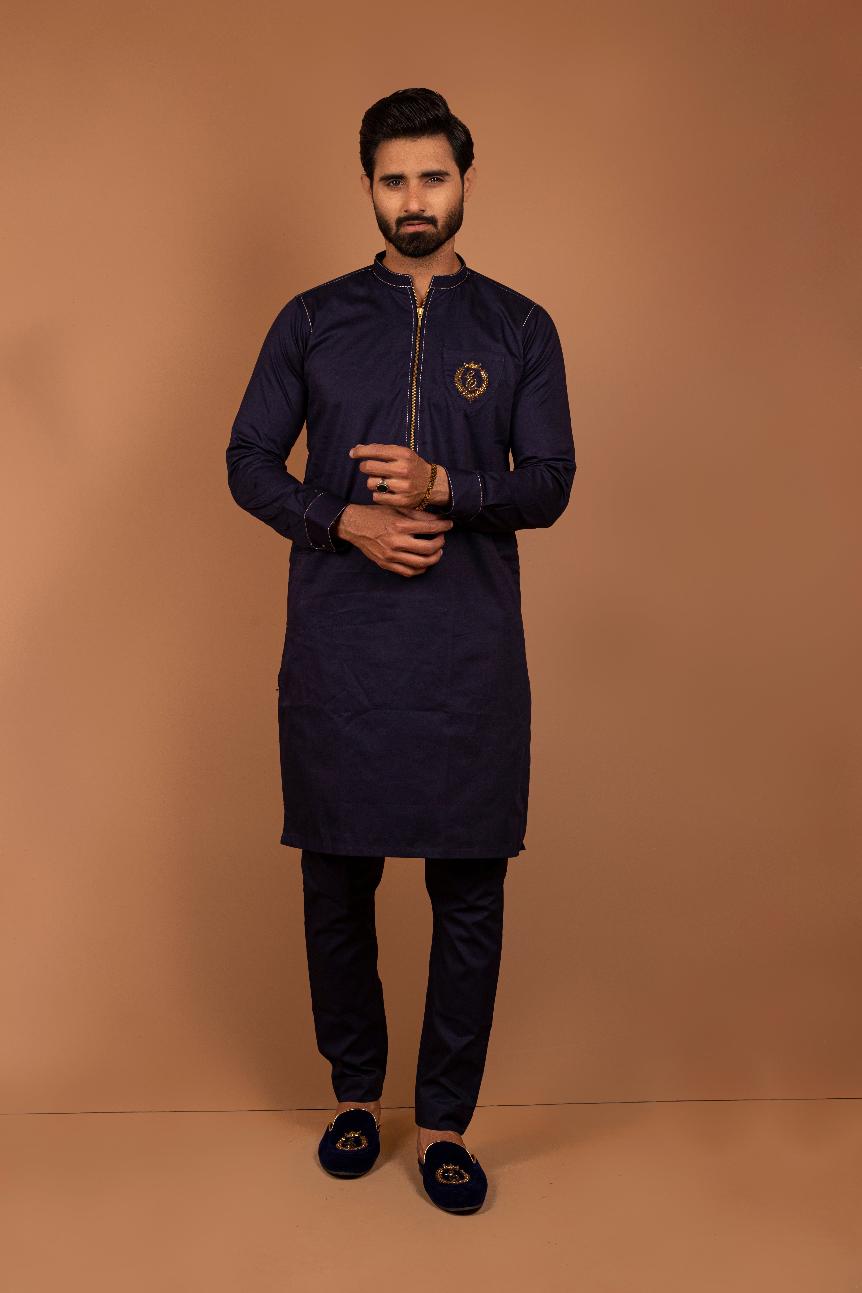 Navy Blue Embroidered Cotton-Blend Shalwar Kameez (2-Piece) - Image 1