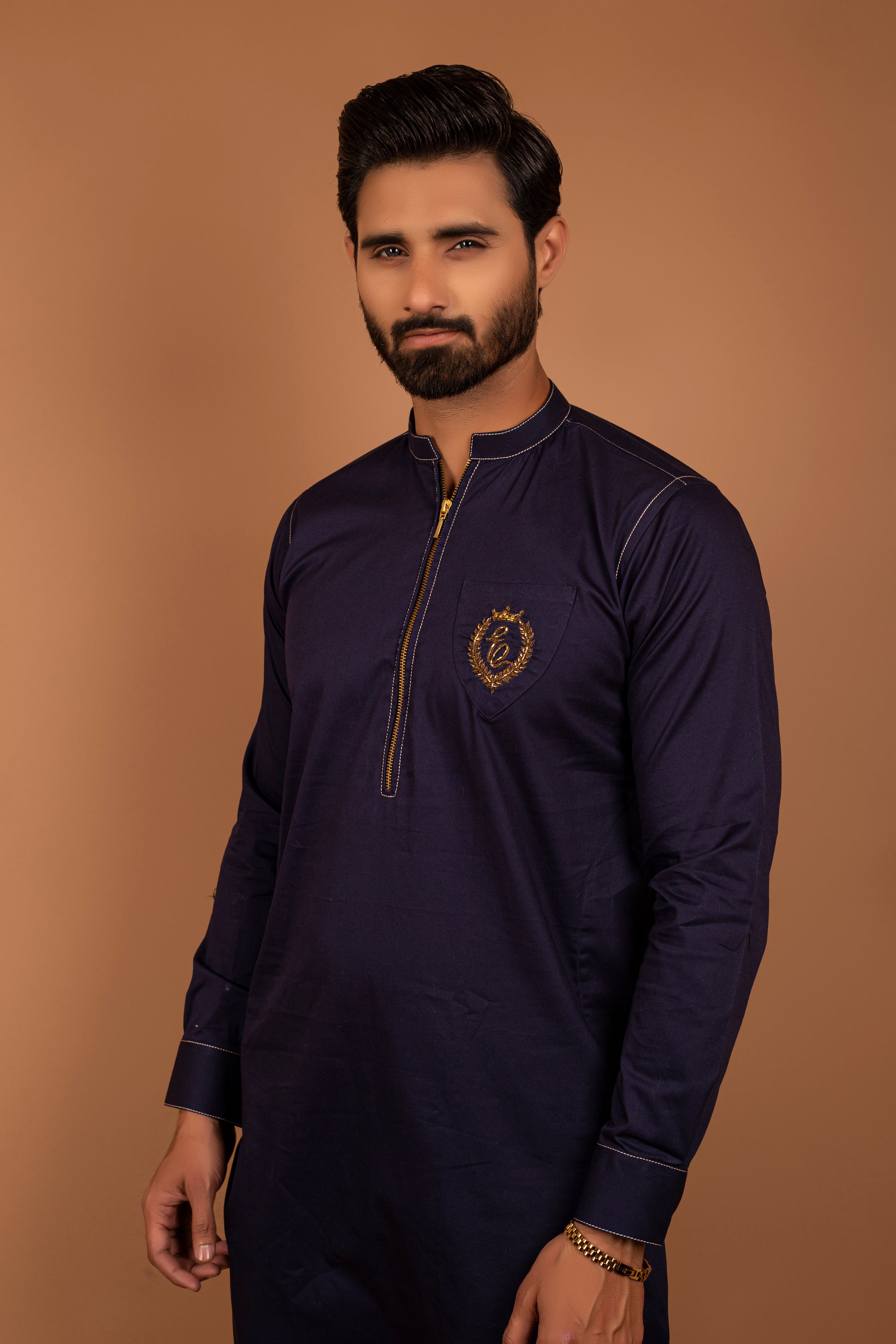 Navy Blue Embroidered Cotton-Blend Shalwar Kameez (2-Piece) - Image 2
