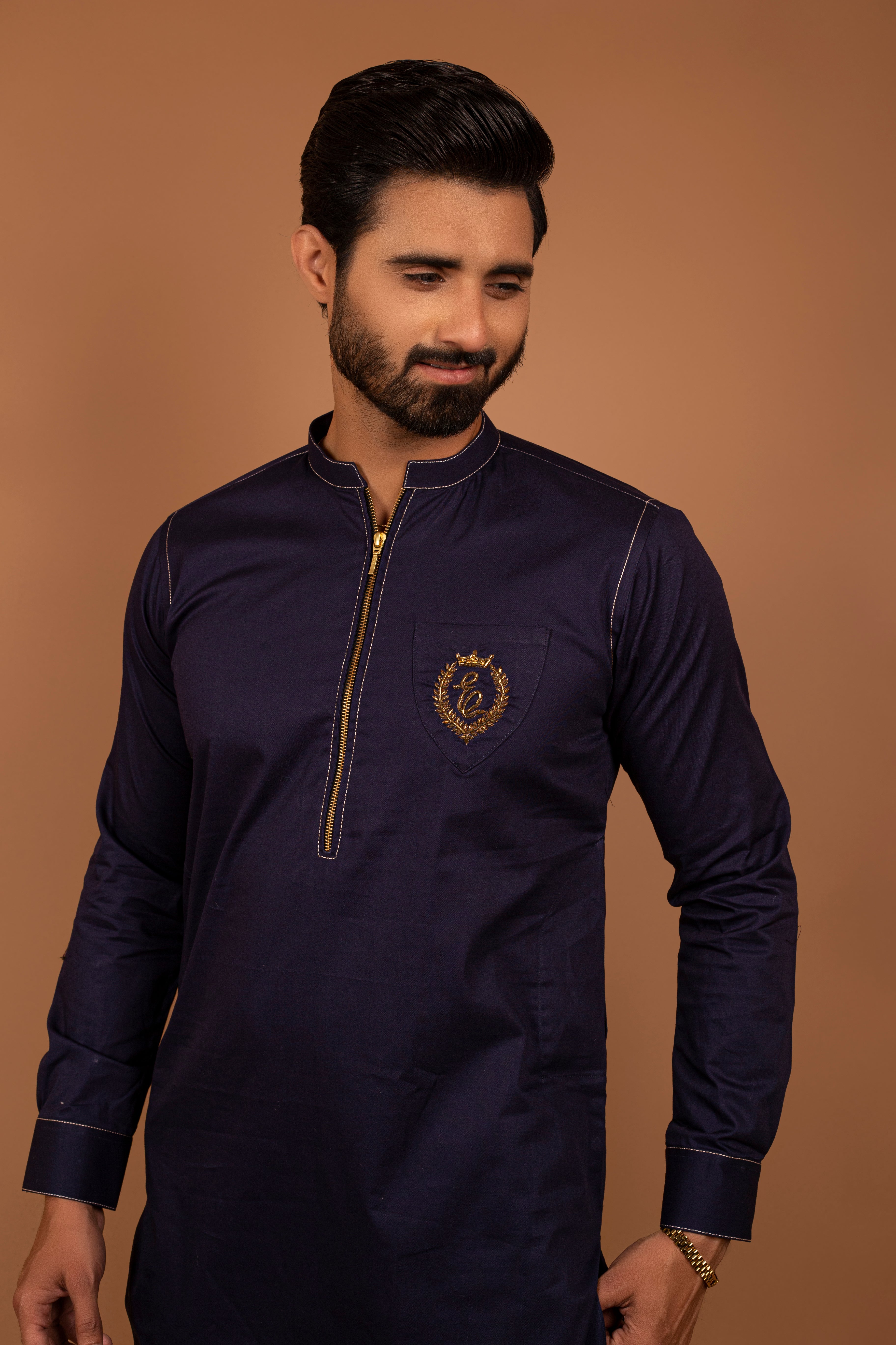 Navy Blue Embroidered Cotton-Blend Shalwar Kameez (2-Piece) - Image 3