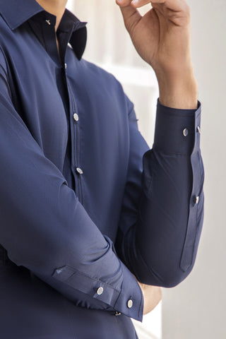 Navy Blue Brass Button Cotton Blend Kurta Shalwar (2-Piece) - Image 4