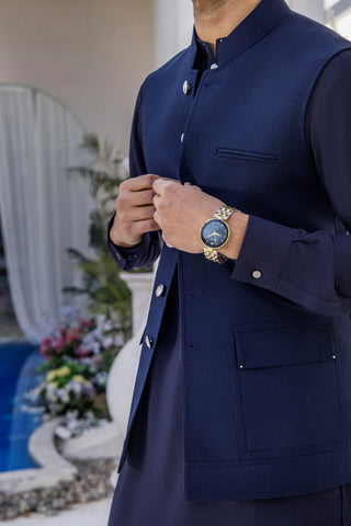 Navy Blue Brass Button Cotton Blend Kurta Shalwar (2-Piece) - Image 5