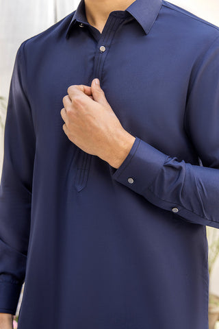 Navy Blue Brass Button Cotton Blend Kurta Shalwar (2-Piece) - Image 8