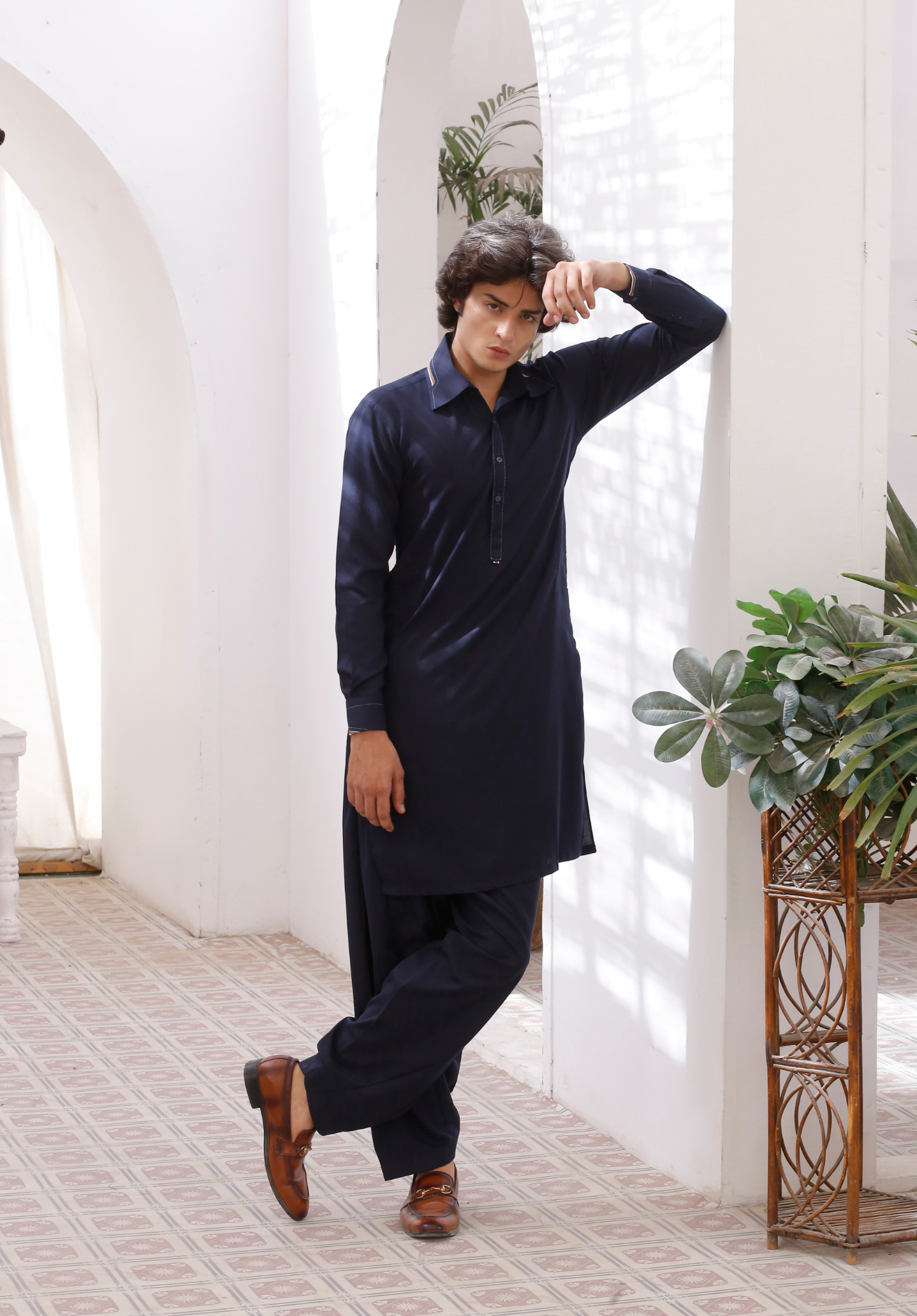 Navy Blue Contrast Trim Cotton-Blend Shalwar Kameez (2-Piece) - Image 1
