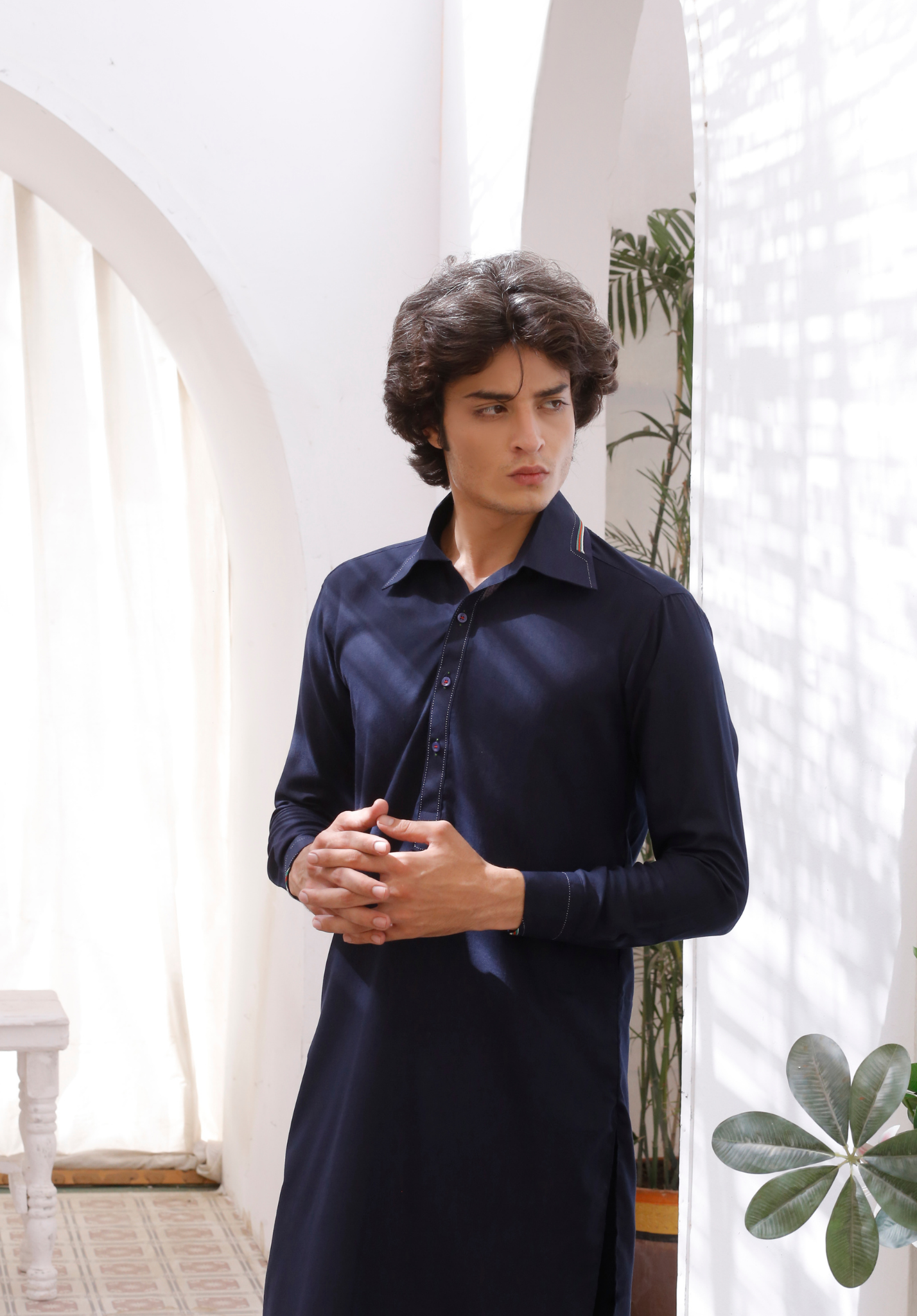 Navy Blue Contrast Trim Cotton-Blend Shalwar Kameez (2-Piece) - Image 3