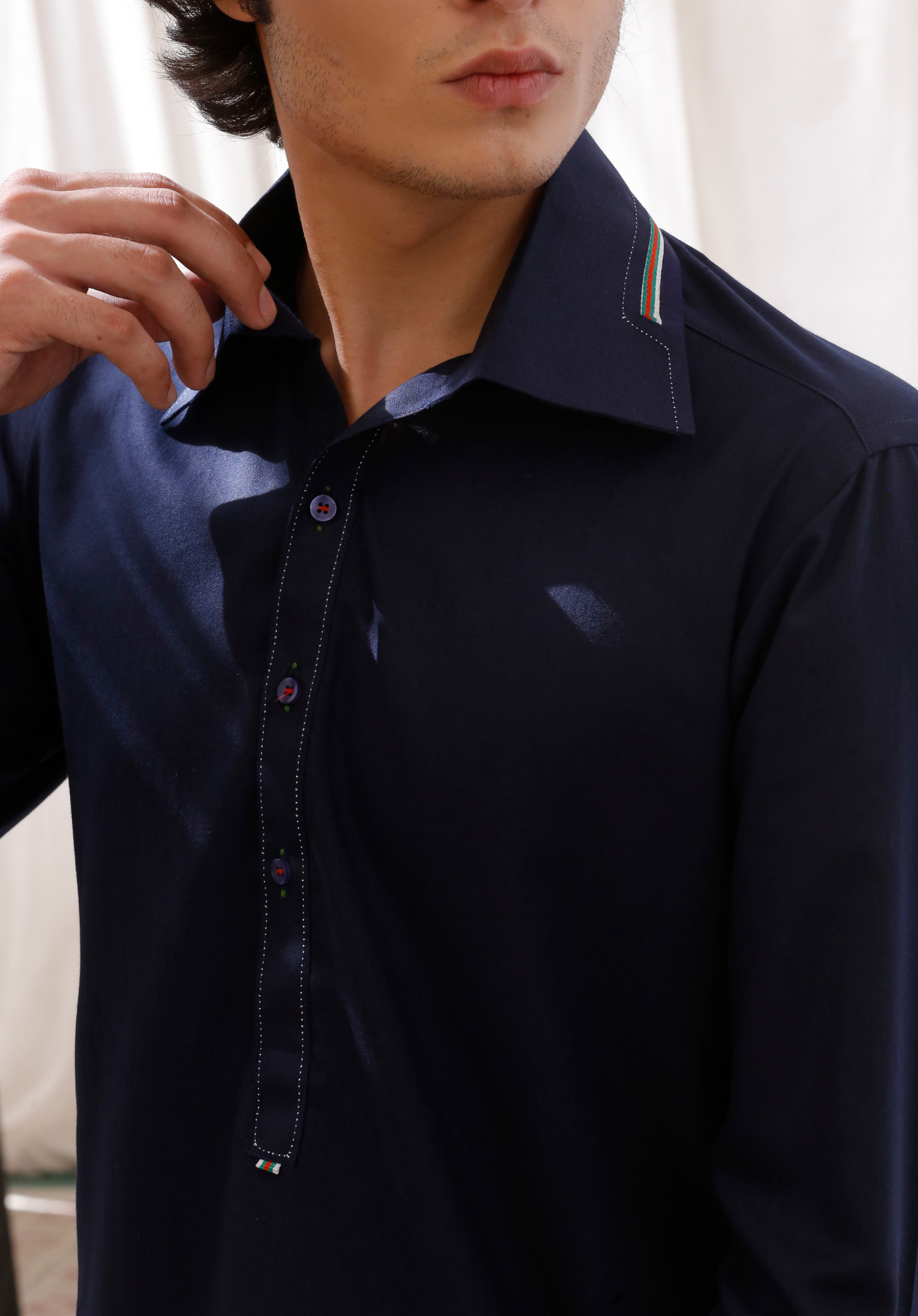 Navy Blue Contrast Trim Cotton-Blend Shalwar Kameez (2-Piece) - Image 5