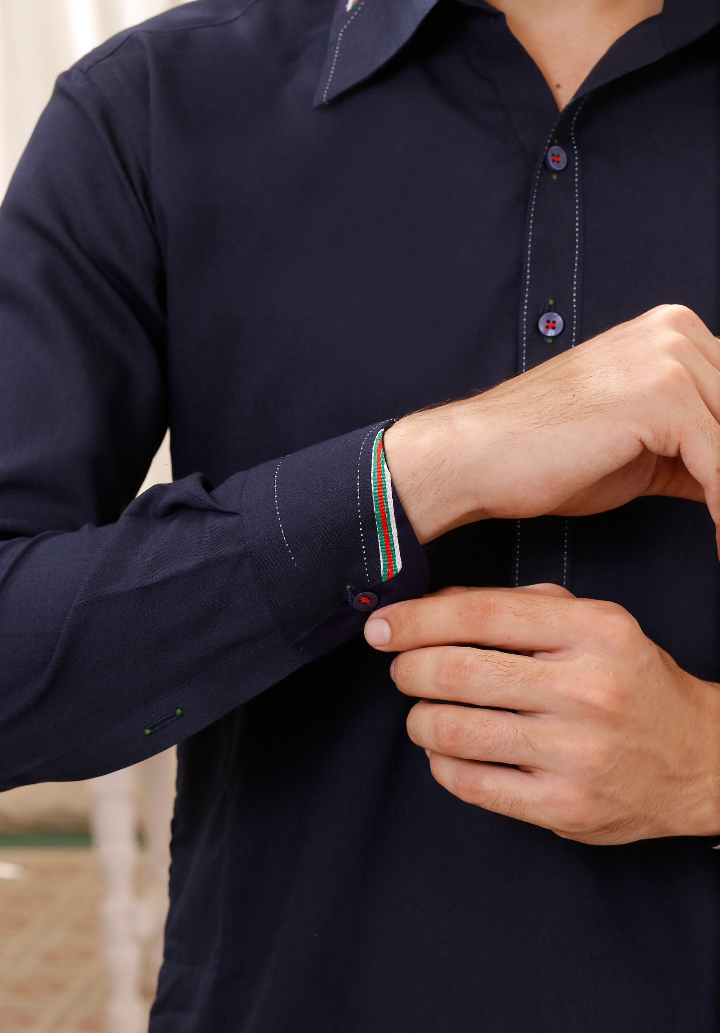 Navy Blue Contrast Trim Cotton-Blend Shalwar Kameez (2-Piece) - Image 6